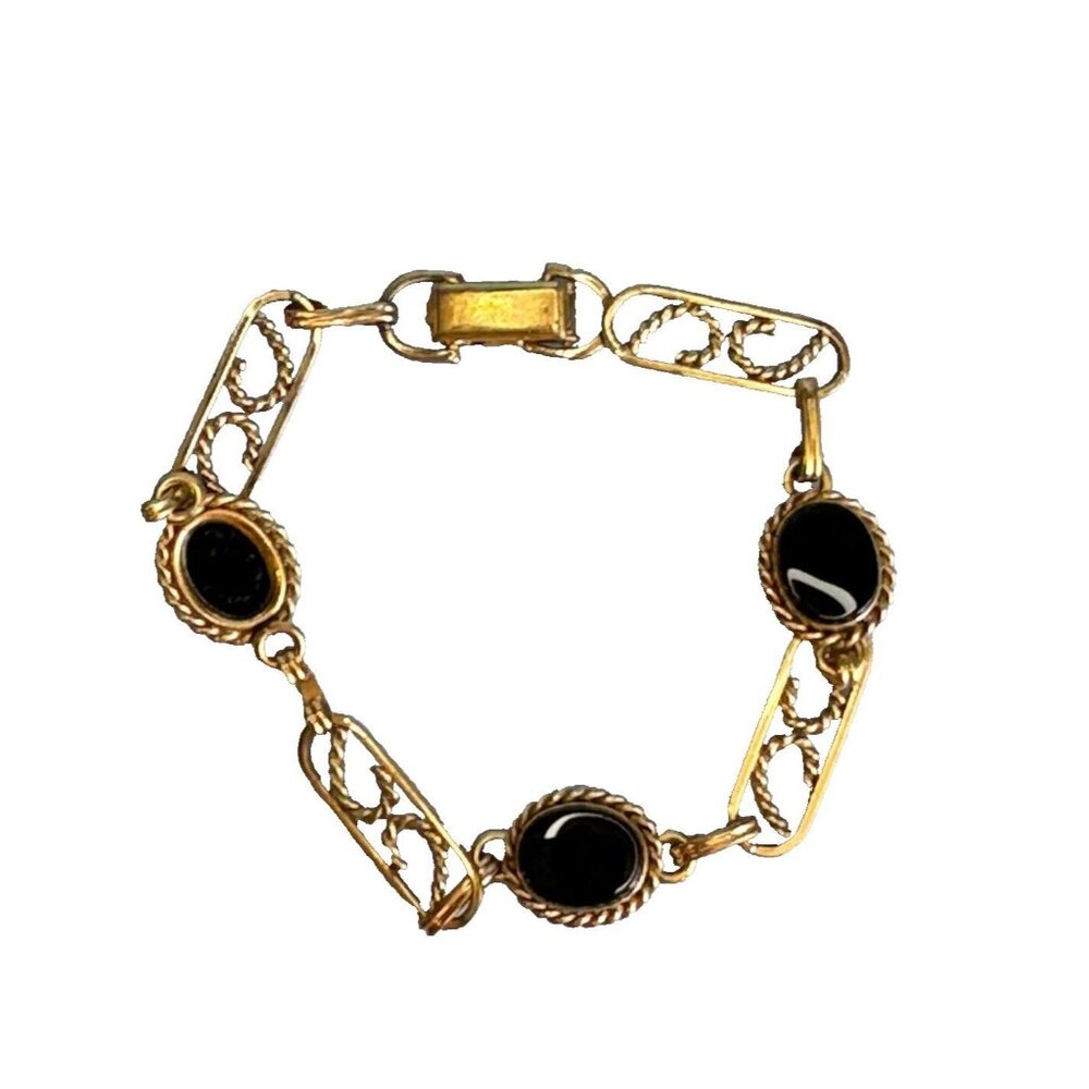 Vintage Van Dell 14K GF Yellow Gold Filigree Jet Black Onyx Link Bracelet 7 1/2" - Picture 1 of 5